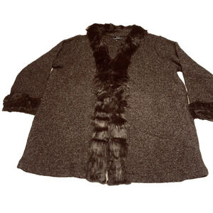 Dennis Basso 3X Faux Fur Trim Cardigan Sweater Jacket Brown Knit UNWORN NWOT